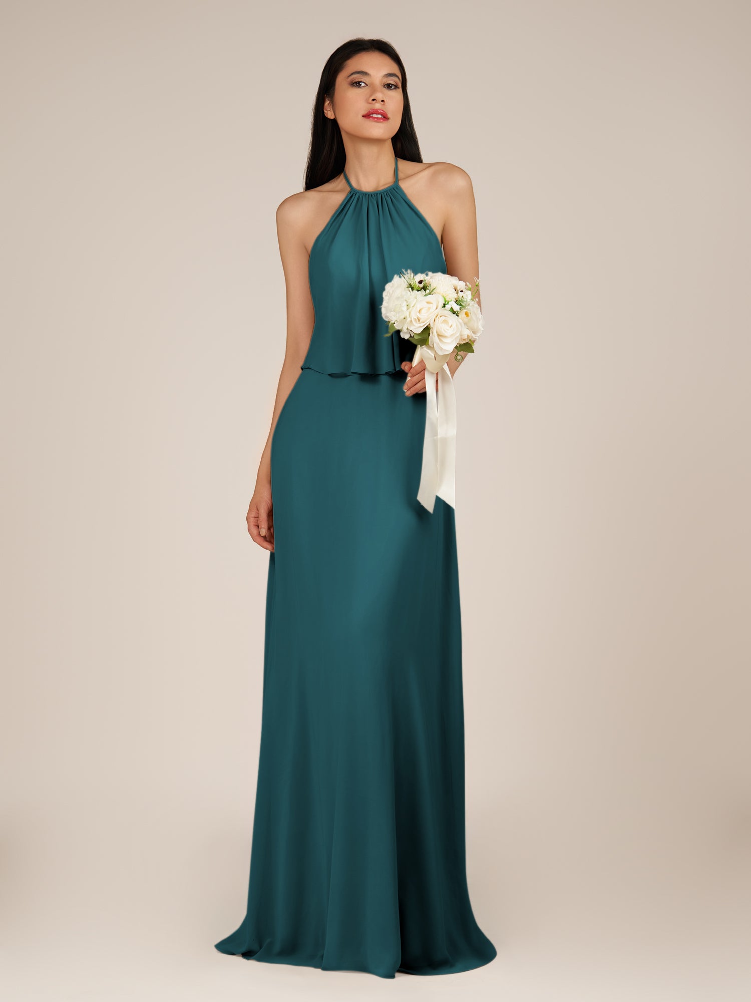 KissDress-Rhoswen Pine Sheath Chiffon Halter Neck Long Bridesmaid Dress