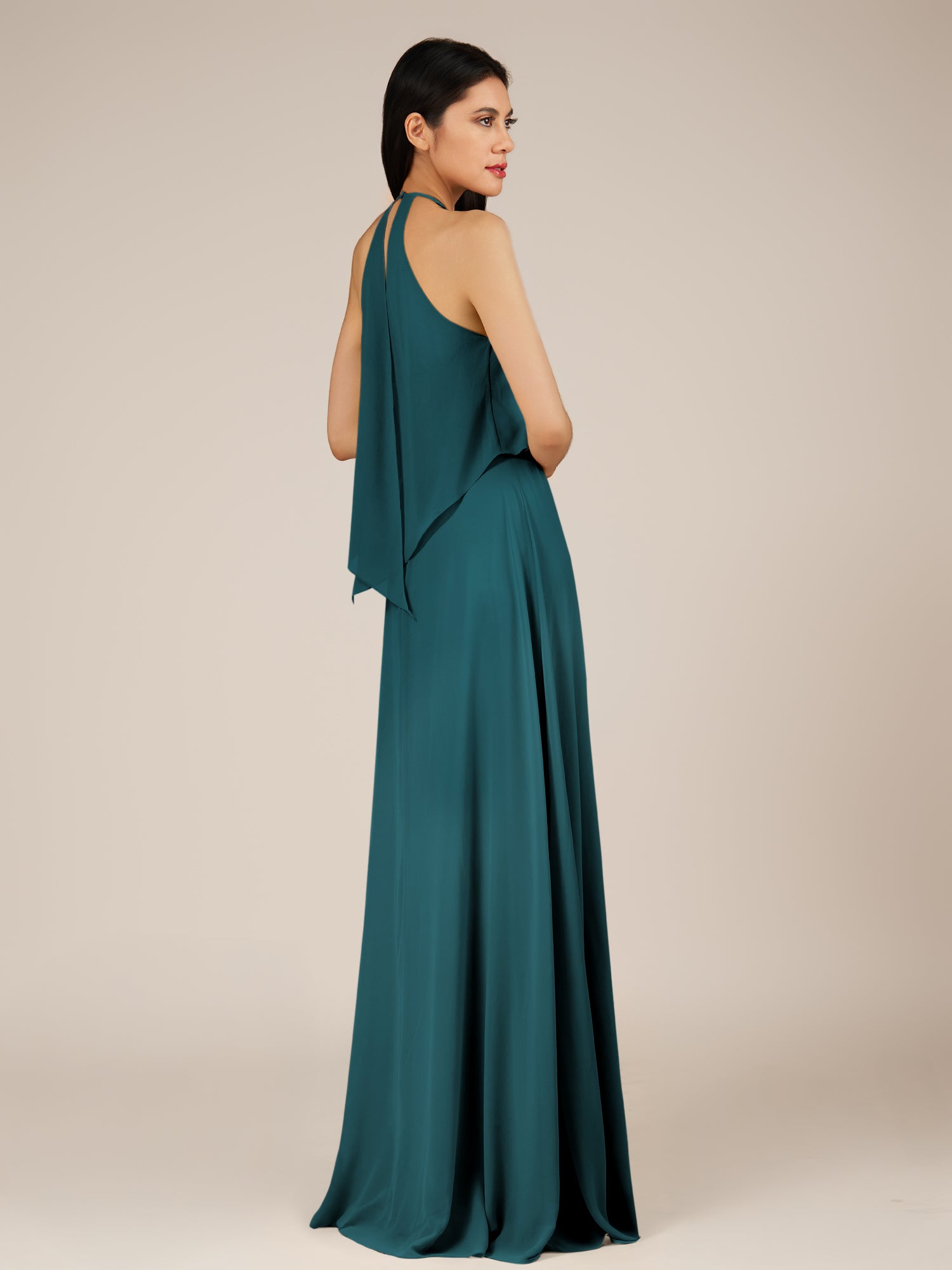 KissDress-Rhoswen Pine Sheath Chiffon Halter Neck Long Bridesmaid Dress