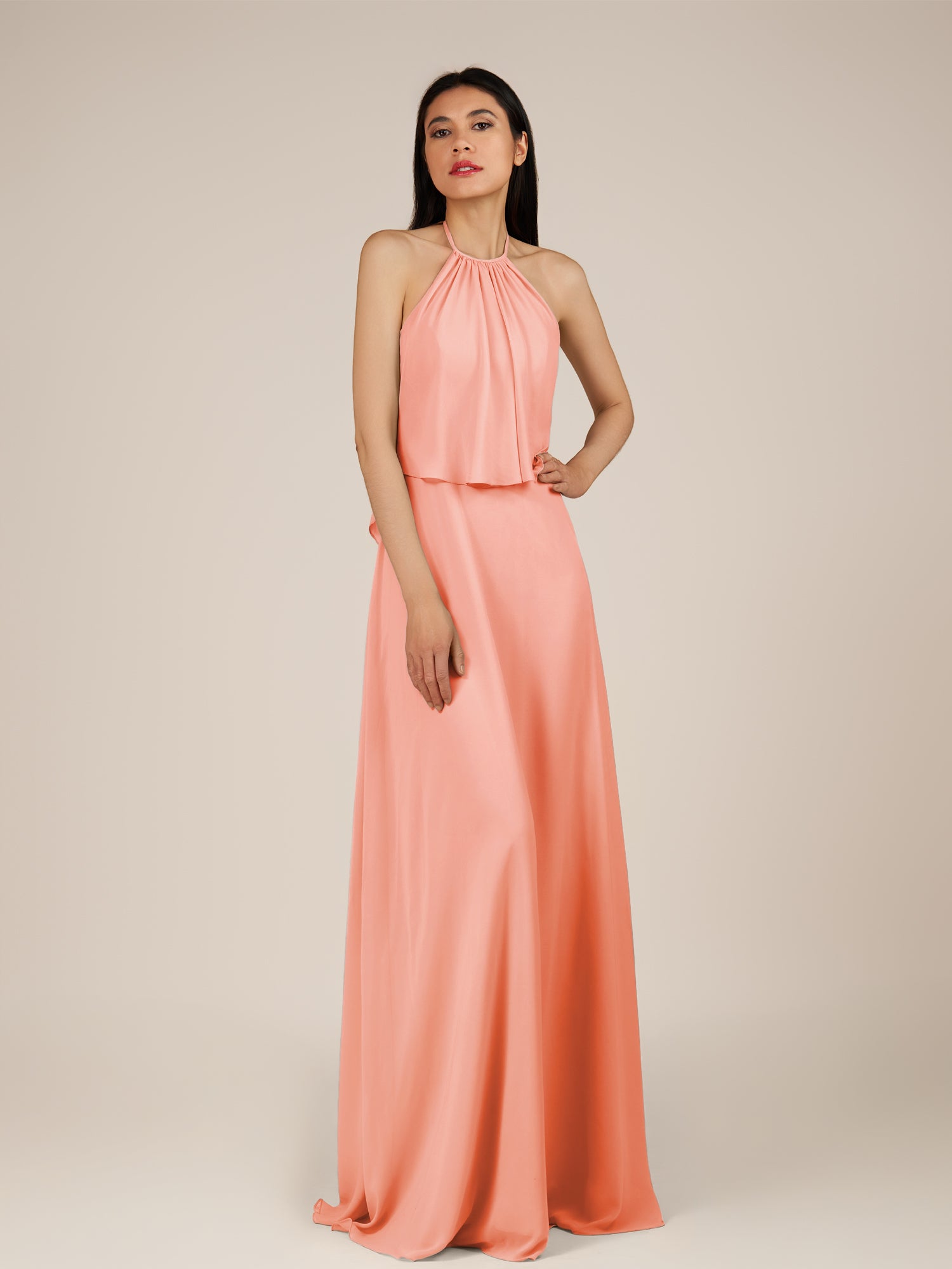 KissDress-Rhoswen Rosette Sheath Chiffon Halter Neck Long Bridesmaid Dress