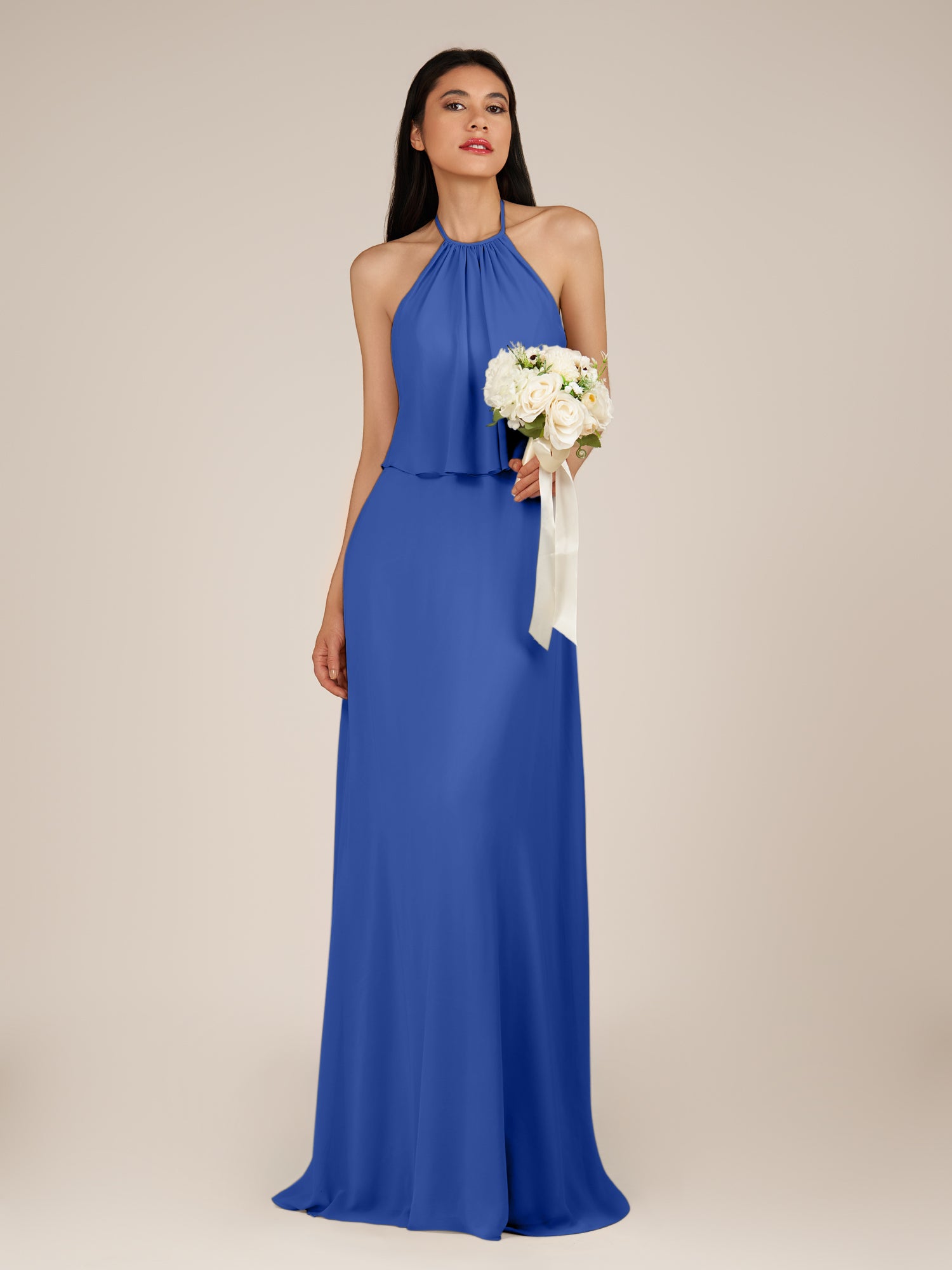 KissDress-Rhoswen Royal Blue Sheath Chiffon Halter Neck Long Bridesmaid Dress