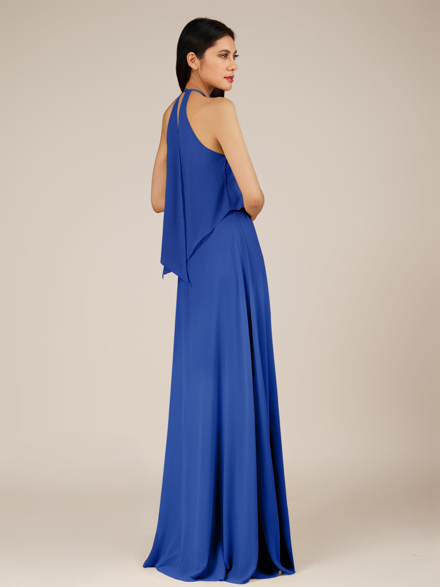 KissDress-Rhoswen Royal Blue Sheath Chiffon Halter Neck Long Bridesmaid Dress