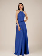 KissDress-Rhoswen Royal Blue Sheath Chiffon Halter Neck Long Bridesmaid Dress