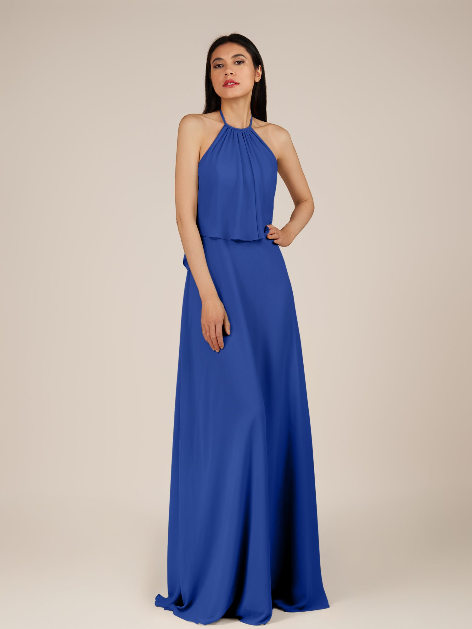 KissDress-Rhoswen Royal Blue Sheath Chiffon Halter Neck Long Bridesmaid Dress