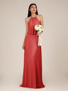 KissDress-Rhoswen Ruby Red Sheath Chiffon Halter Neck Long Bridesmaid Dress