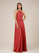 KissDress-Rhoswen Ruby Red Sheath Chiffon Halter Neck Long Bridesmaid Dress