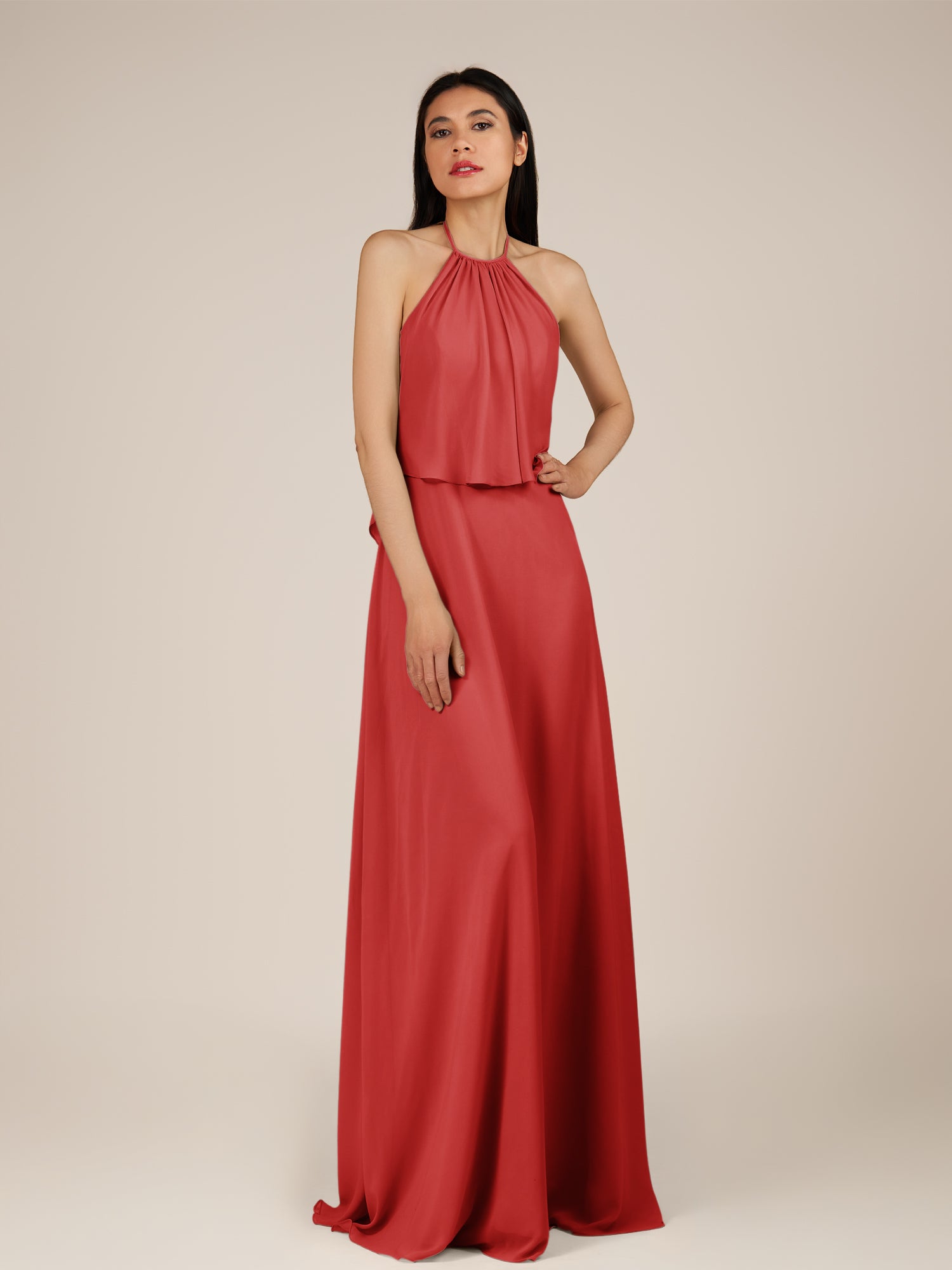 KissDress-Rhoswen Ruby Red Sheath Chiffon Halter Neck Long Bridesmaid Dress