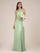 KissDress-Rhoswen Sage Sheath Chiffon Halter Neck Long Bridesmaid Dress