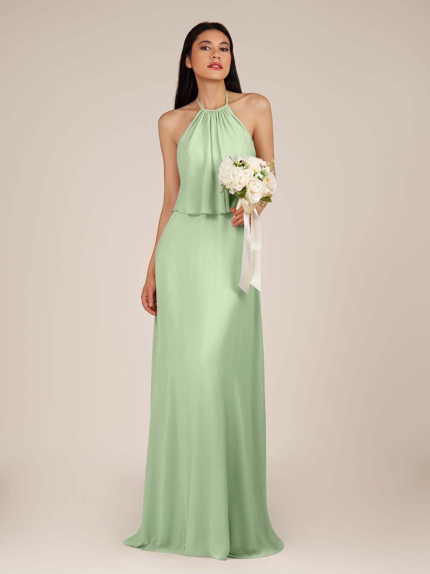 KissDress-Rhoswen Sage Sheath Chiffon Halter Neck Long Bridesmaid Dress