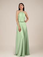 KissDress-Rhoswen Sage Sheath Chiffon Halter Neck Long Bridesmaid Dress
