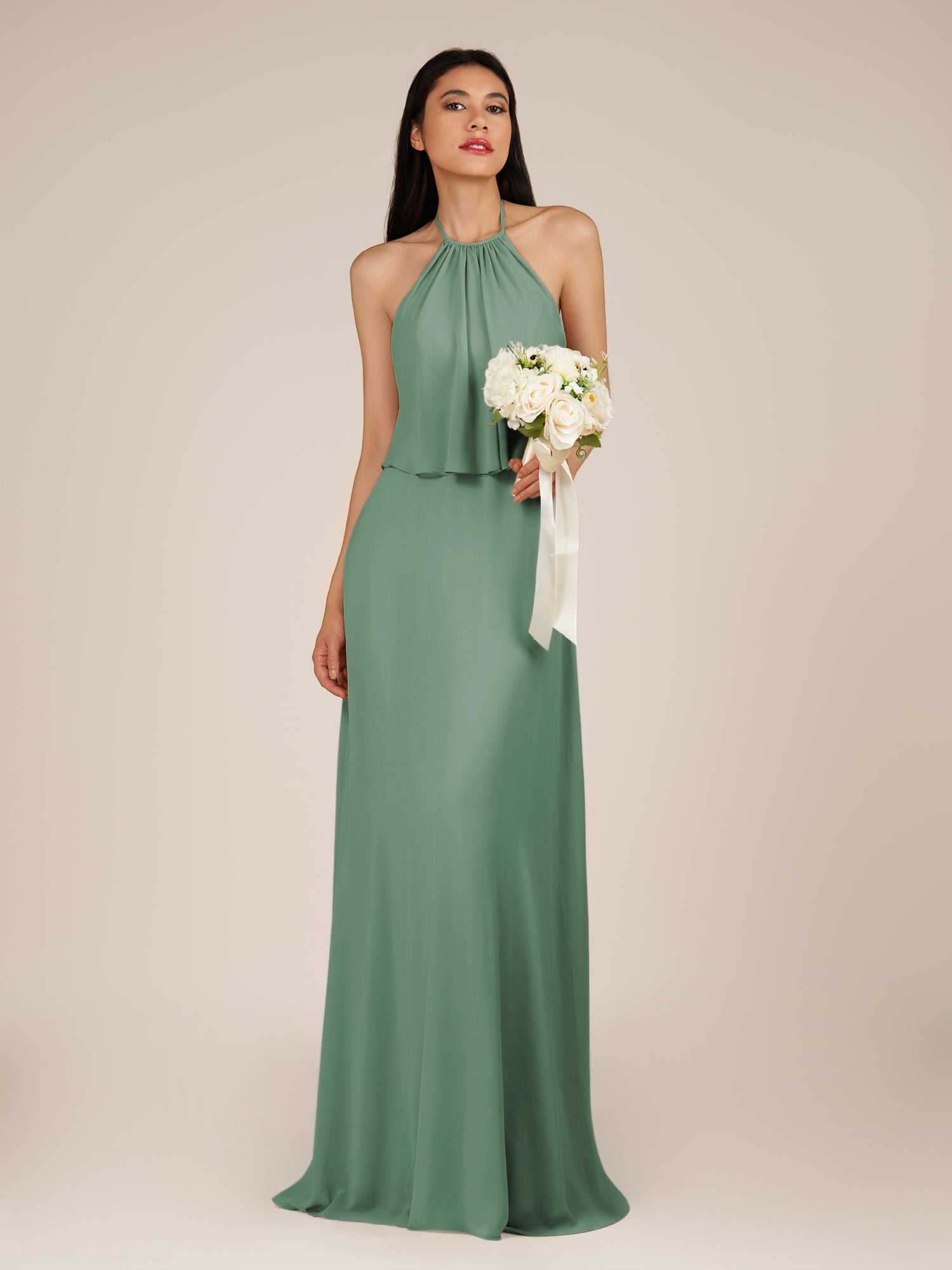 KissDress-Rhoswen Sea Glass Sheath Chiffon Halter Neck Long Bridesmaid Dress