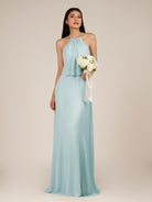 KissDress-Rhoswen Sky Blue Sheath Chiffon Halter Neck Long Bridesmaid Dress