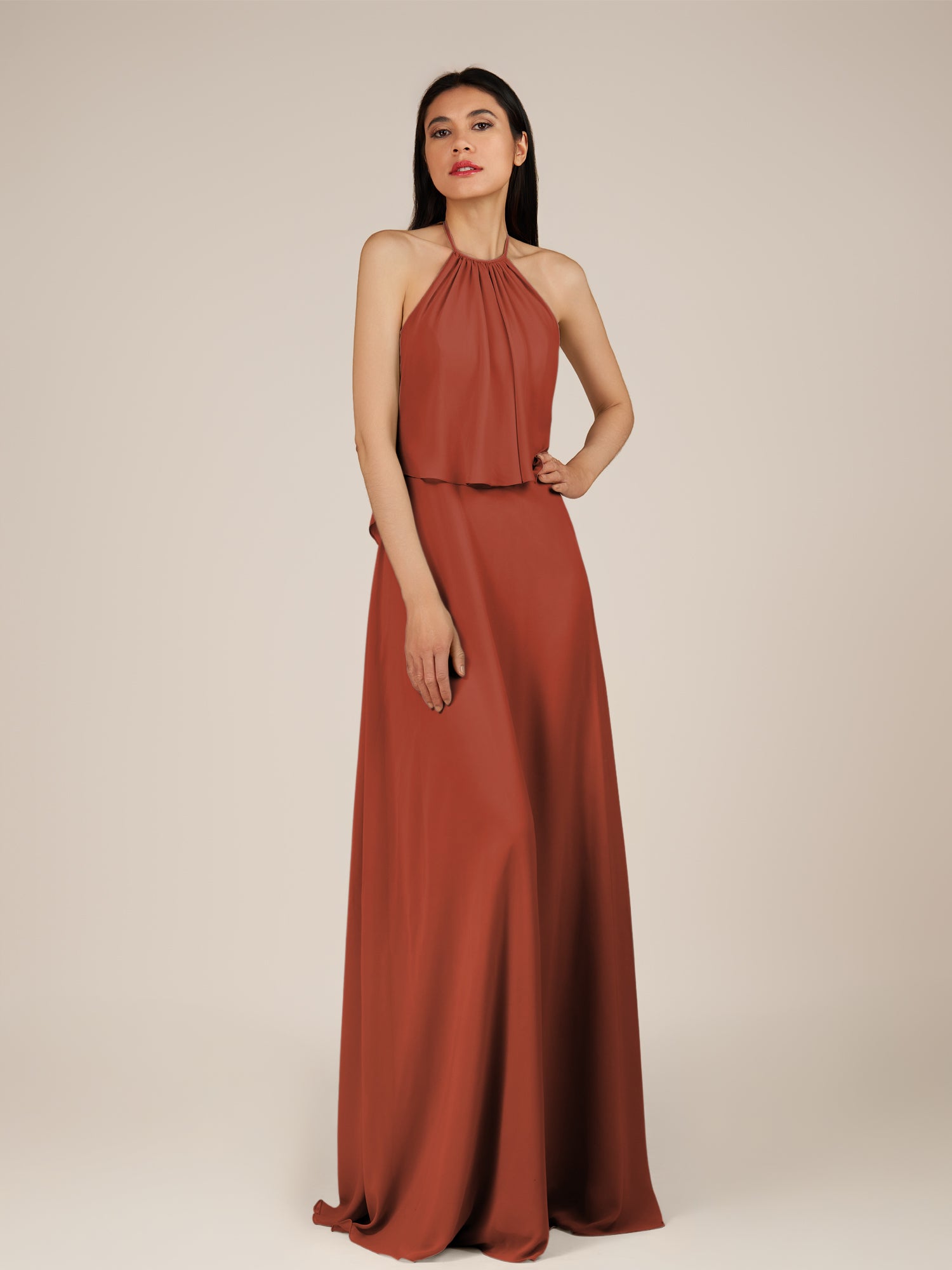 KissDress-Rhoswen Spice Sheath Chiffon Halter Neck Long Bridesmaid Dress