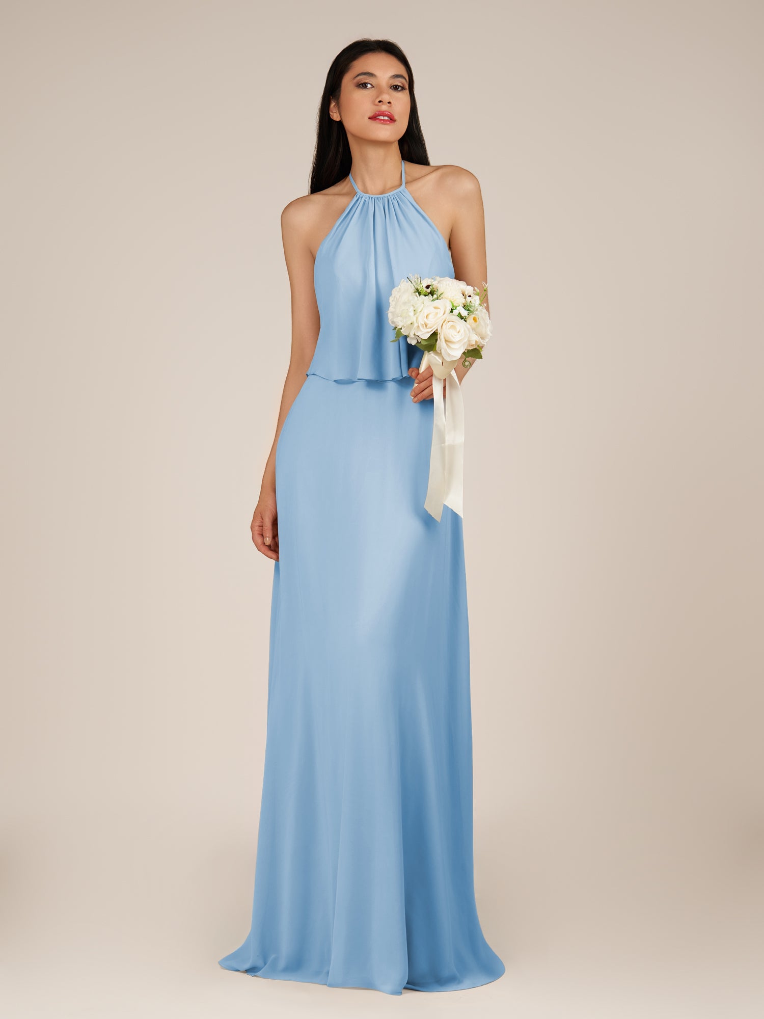 KissDress-Rhoswen Steel Blue Sheath Chiffon Halter Neck Long Bridesmaid Dress