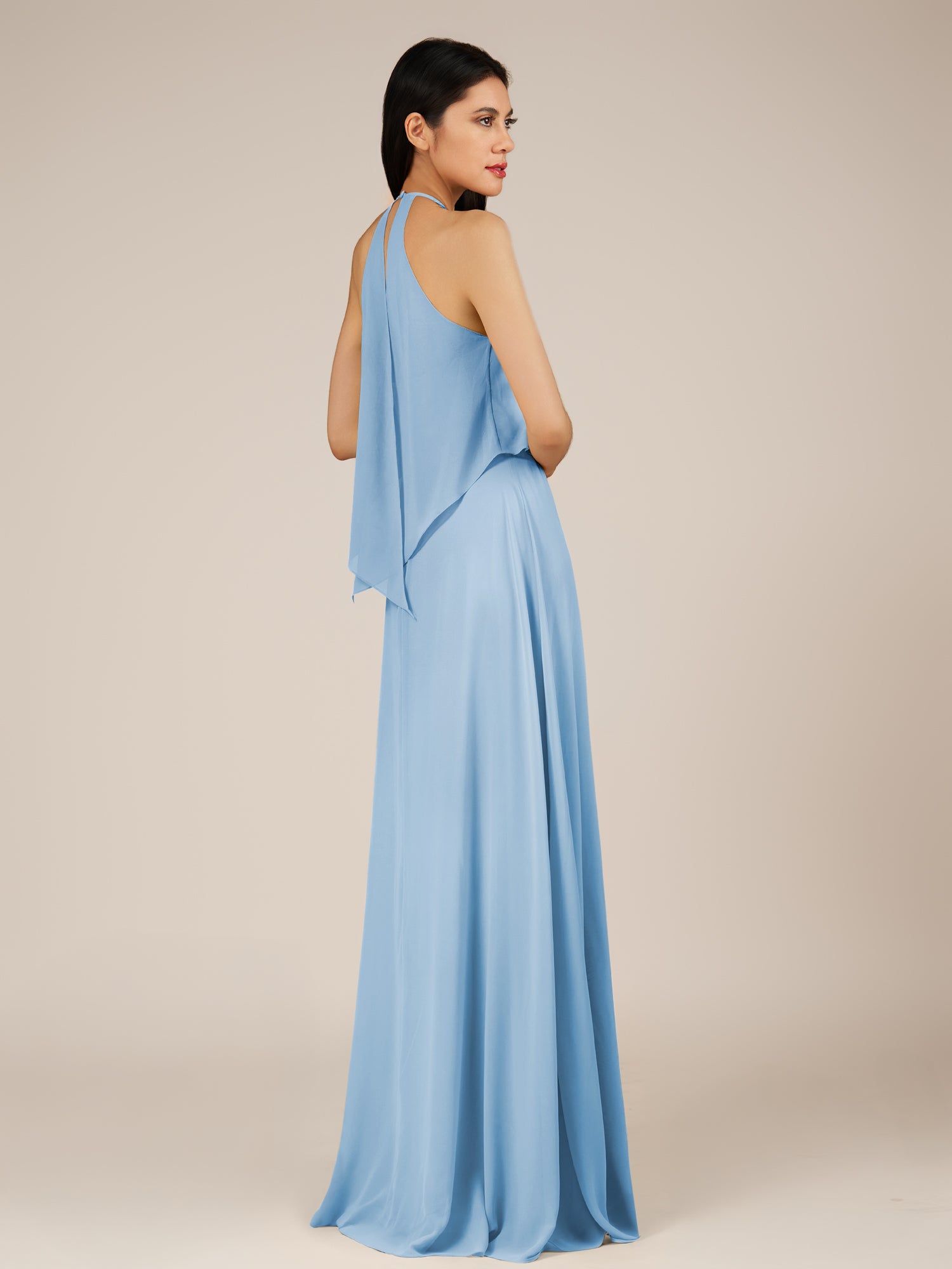 KissDress-Rhoswen Steel Blue Sheath Chiffon Halter Neck Long Bridesmaid Dress