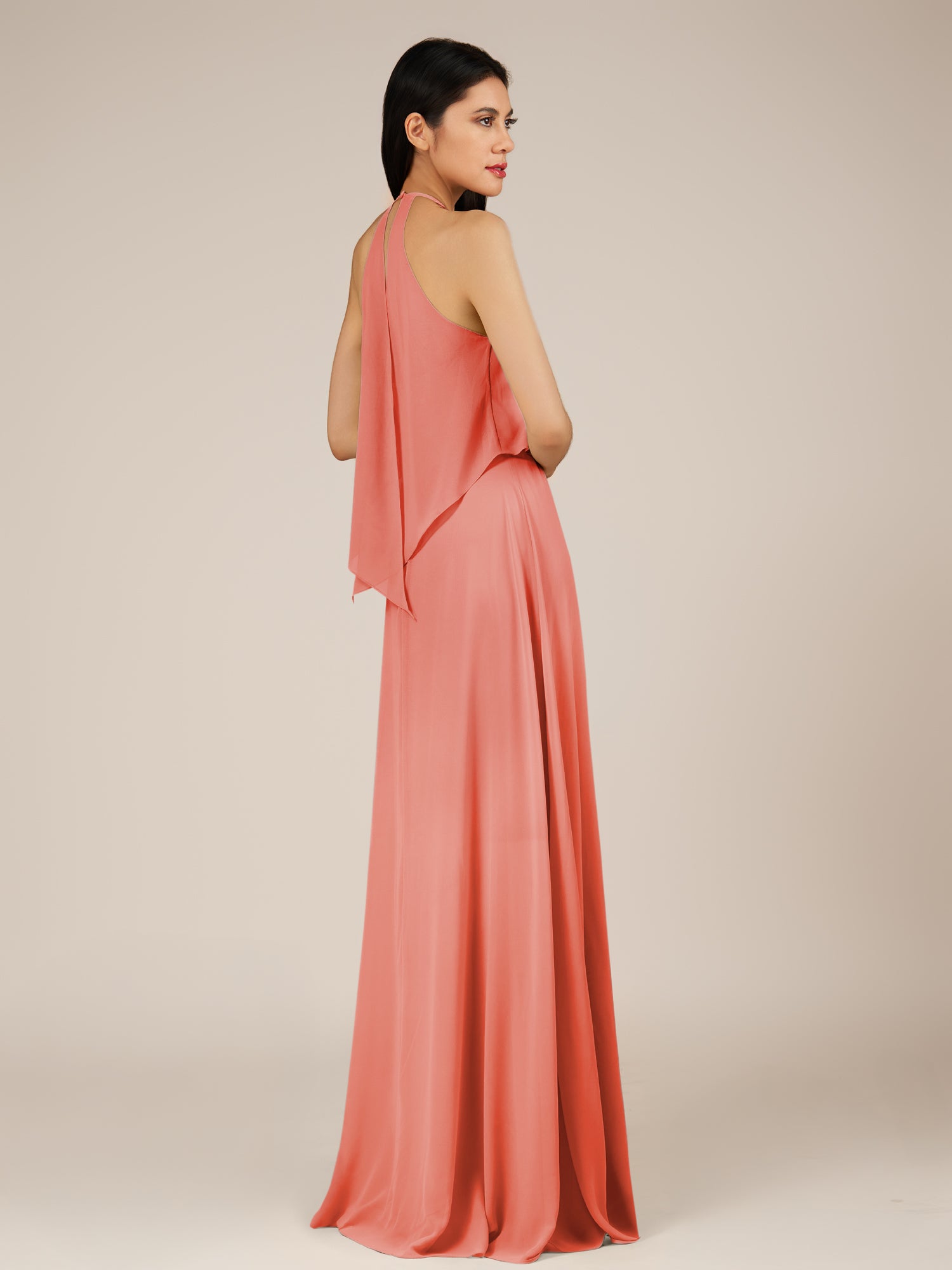KissDress-Rhoswen Sunset Sheath Chiffon Halter Neck Long Bridesmaid Dress
