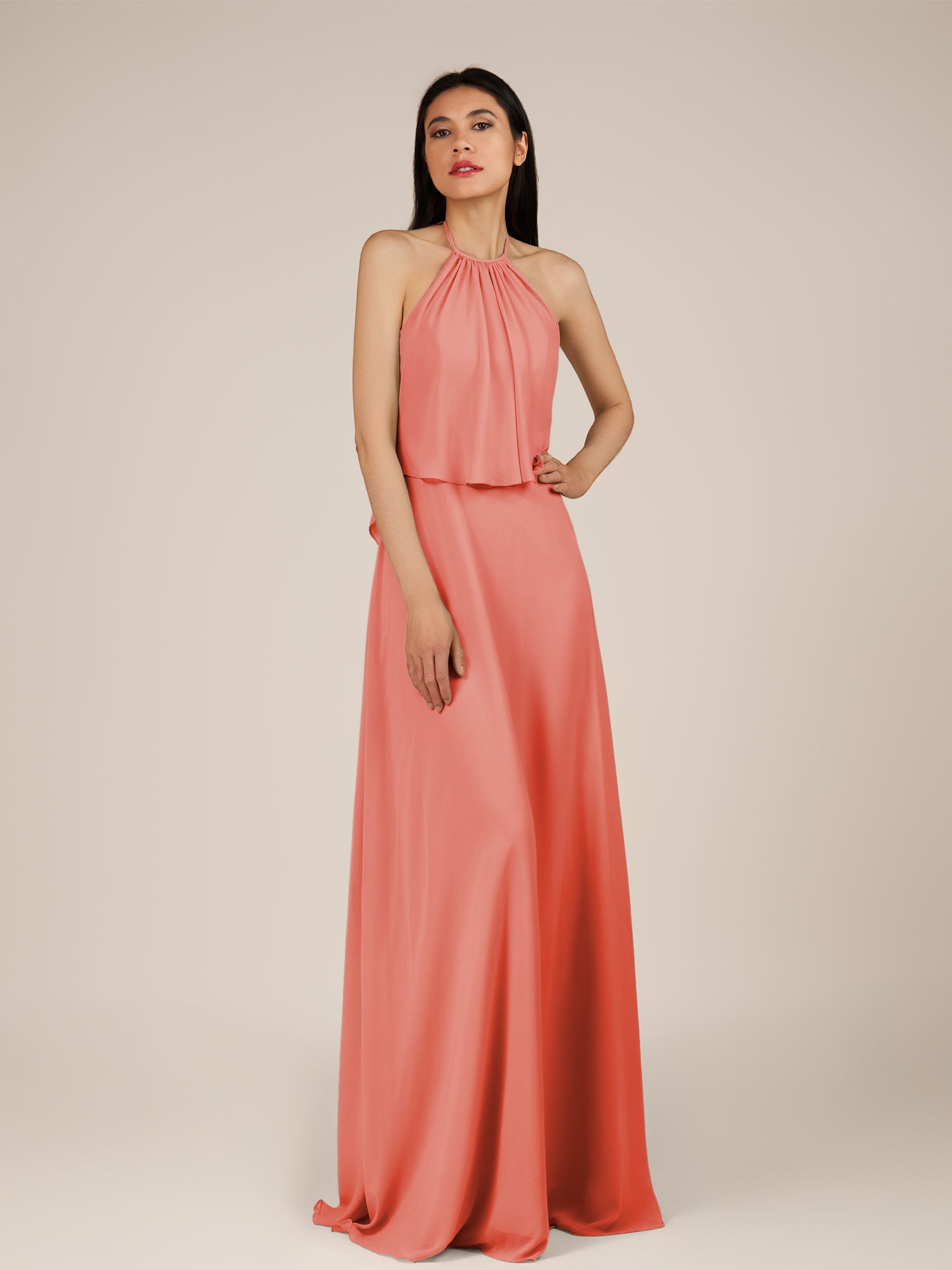 KissDress-Rhoswen Sunset Sheath Chiffon Halter Neck Long Bridesmaid Dress