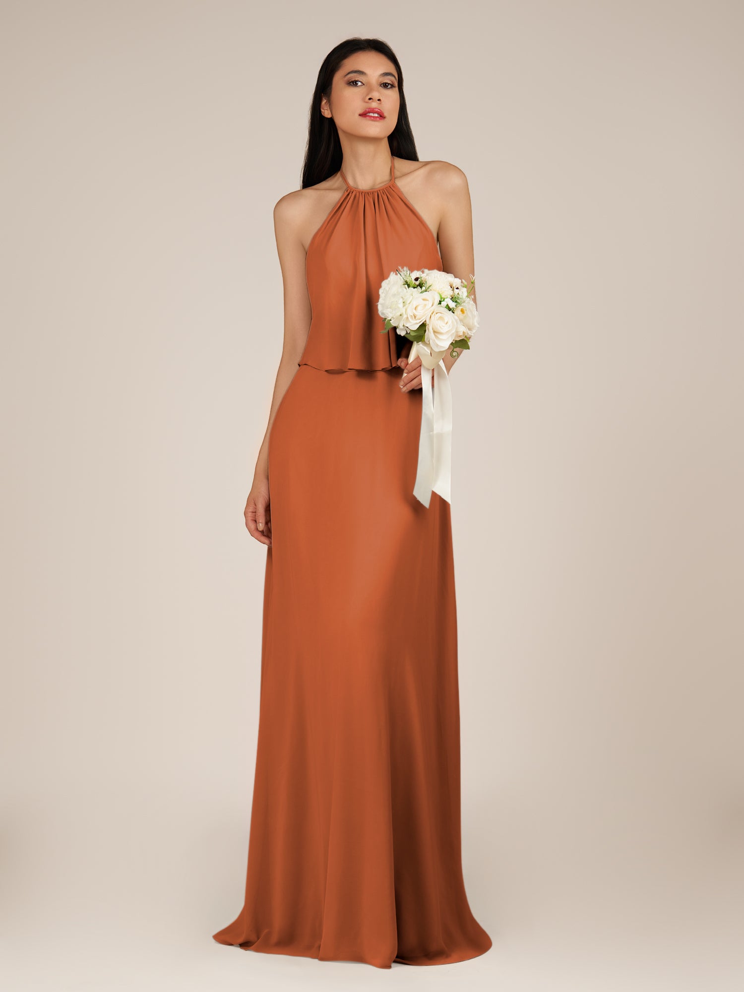 KissDress-Rhoswen Terracotta Sheath Chiffon Halter Neck Long Bridesmaid Dress