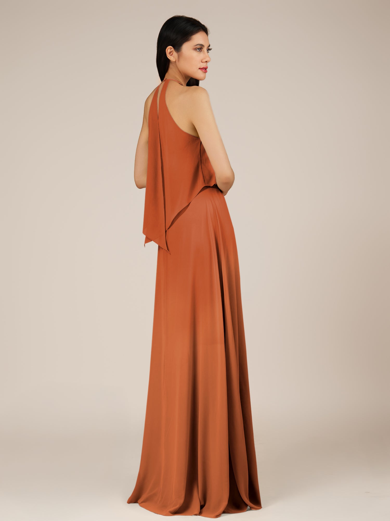 KissDress-Rhoswen Terracotta Sheath Chiffon Halter Neck Long Bridesmaid Dress