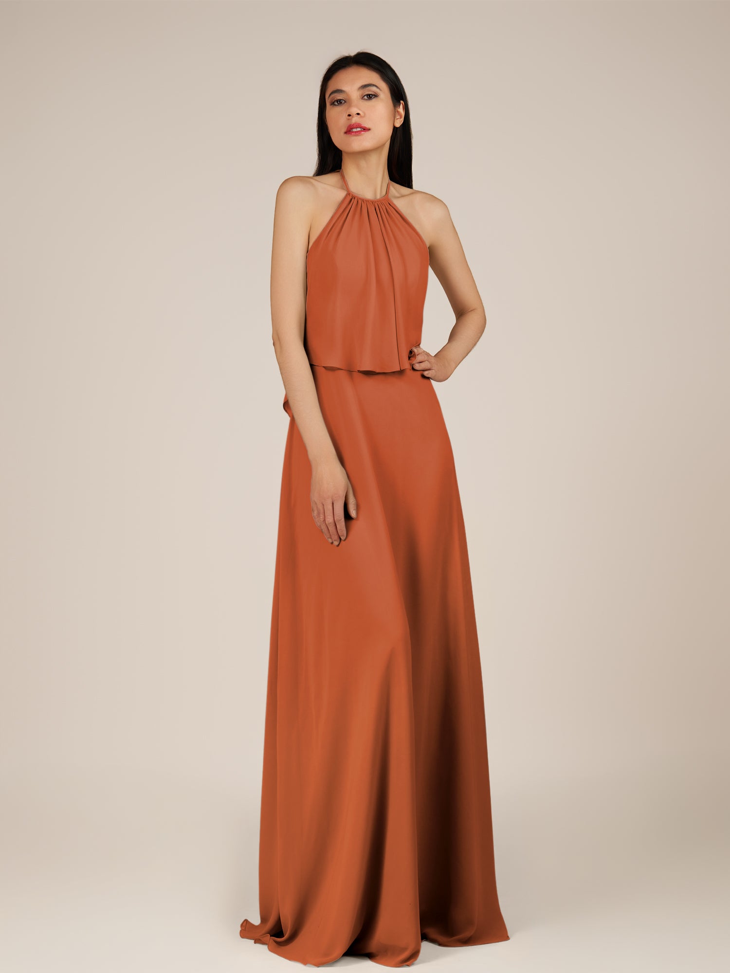 KissDress-Rhoswen Terracotta Sheath Chiffon Halter Neck Long Bridesmaid Dress
