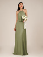 KissDress-Rhoswen Thyme Sheath Chiffon Halter Neck Long Bridesmaid Dress