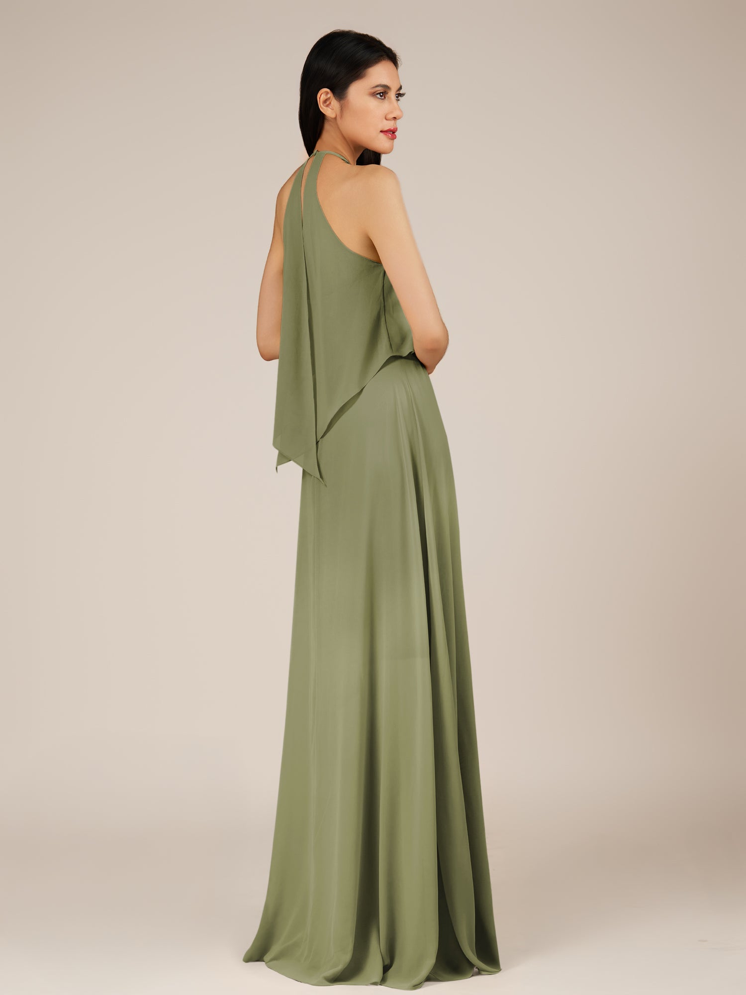 KissDress-Rhoswen Thyme Sheath Chiffon Halter Neck Long Bridesmaid Dress