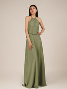 KissDress-Rhoswen Thyme Sheath Chiffon Halter Neck Long Bridesmaid Dress