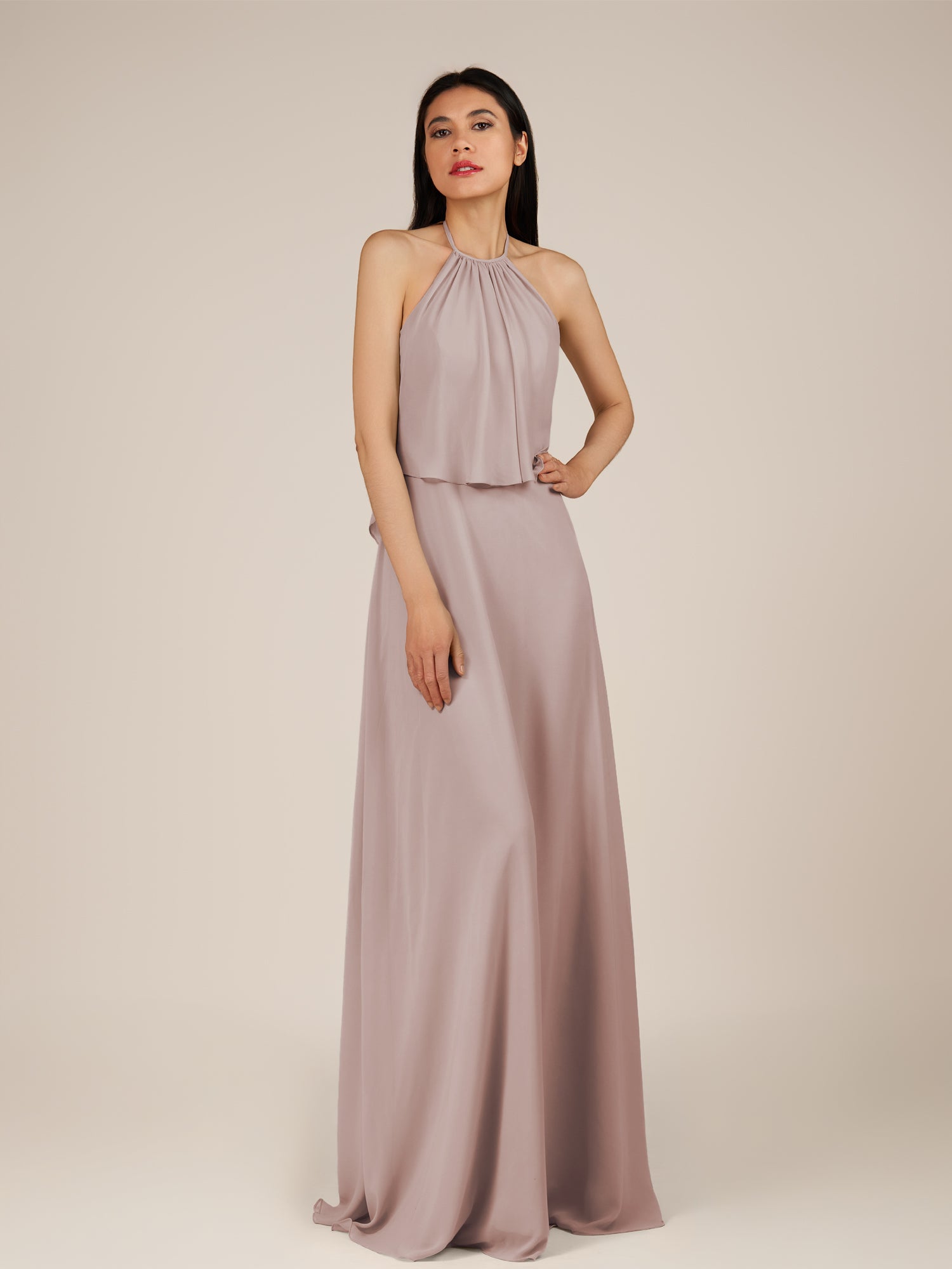 KissDress-Rhoswen Toffee Sheath Chiffon Halter Neck Long Bridesmaid Dress