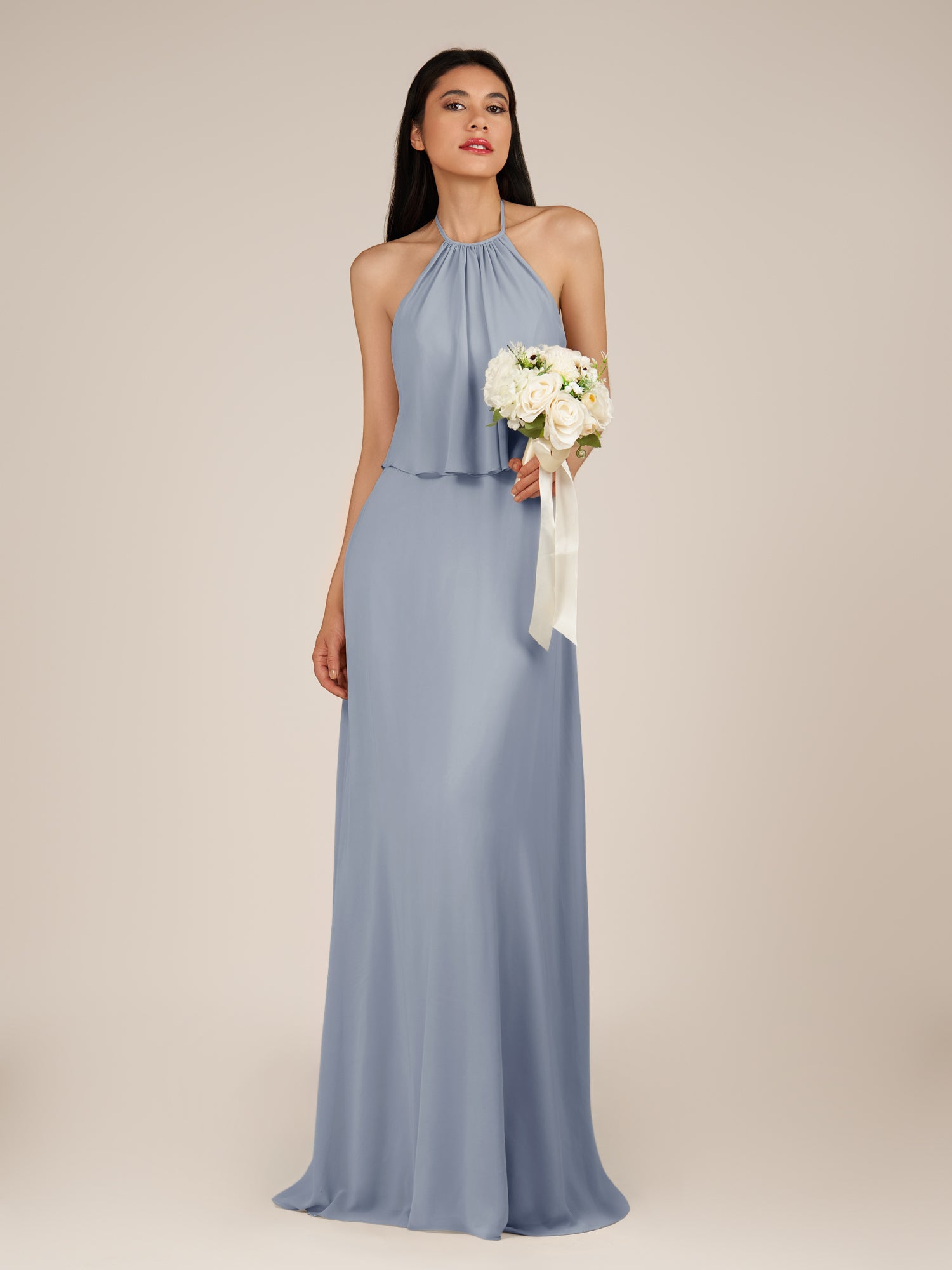 KissDress-Rhoswen Twilight Sheath Chiffon Halter Neck Long Bridesmaid Dress