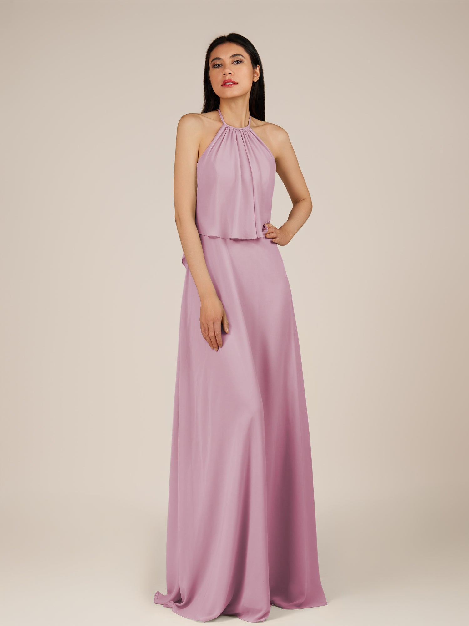 KissDress-Rhoswen Vintage Mauve Sheath Chiffon Halter Neck Long Bridesmaid Dress