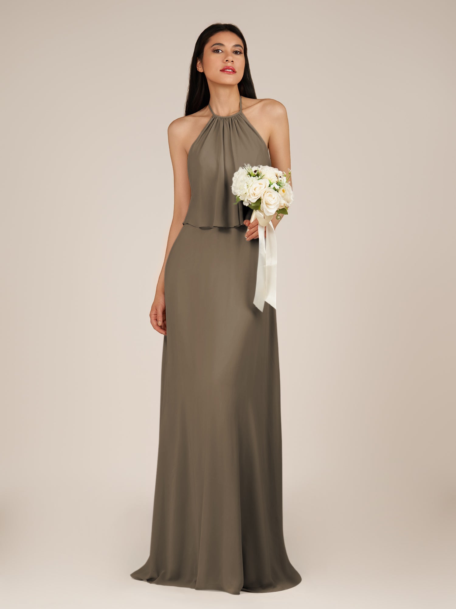 KissDress-Rhoswen Willow Green Sheath Chiffon Halter Neck Long Bridesmaid Dress