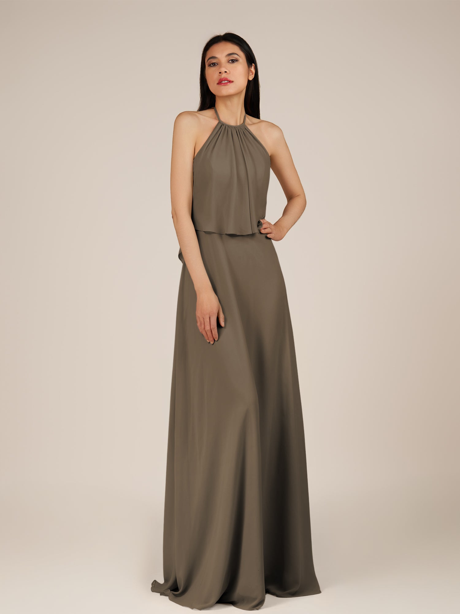 KissDress-Rhoswen Willow Green Sheath Chiffon Halter Neck Long Bridesmaid Dress