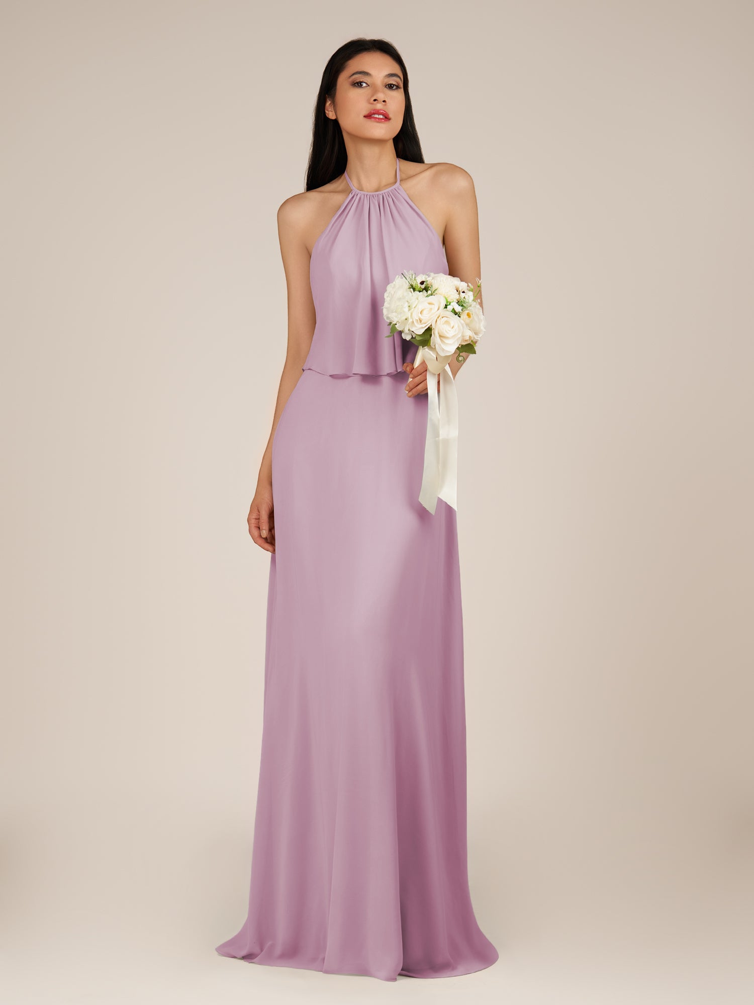 KissDress-Rhoswen Wisteria Sheath Chiffon Halter Neck Long Bridesmaid Dress