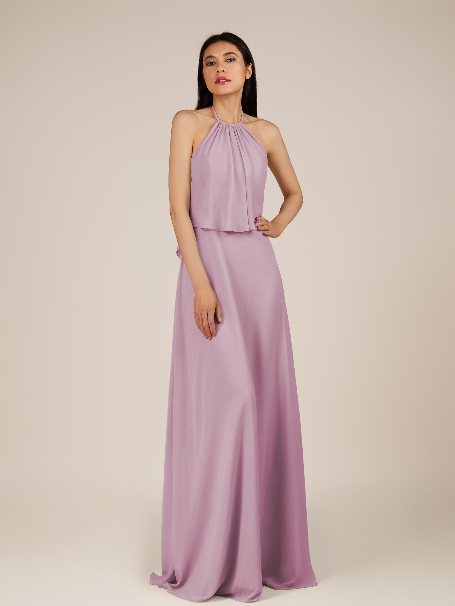 KissDress-Rhoswen Wisteria Sheath Chiffon Halter Neck Long Bridesmaid Dress