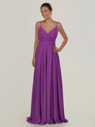 KissDress-Risa Amethyst A Line Chiffon V Neck Long Bridesmaid Dress with Pleats