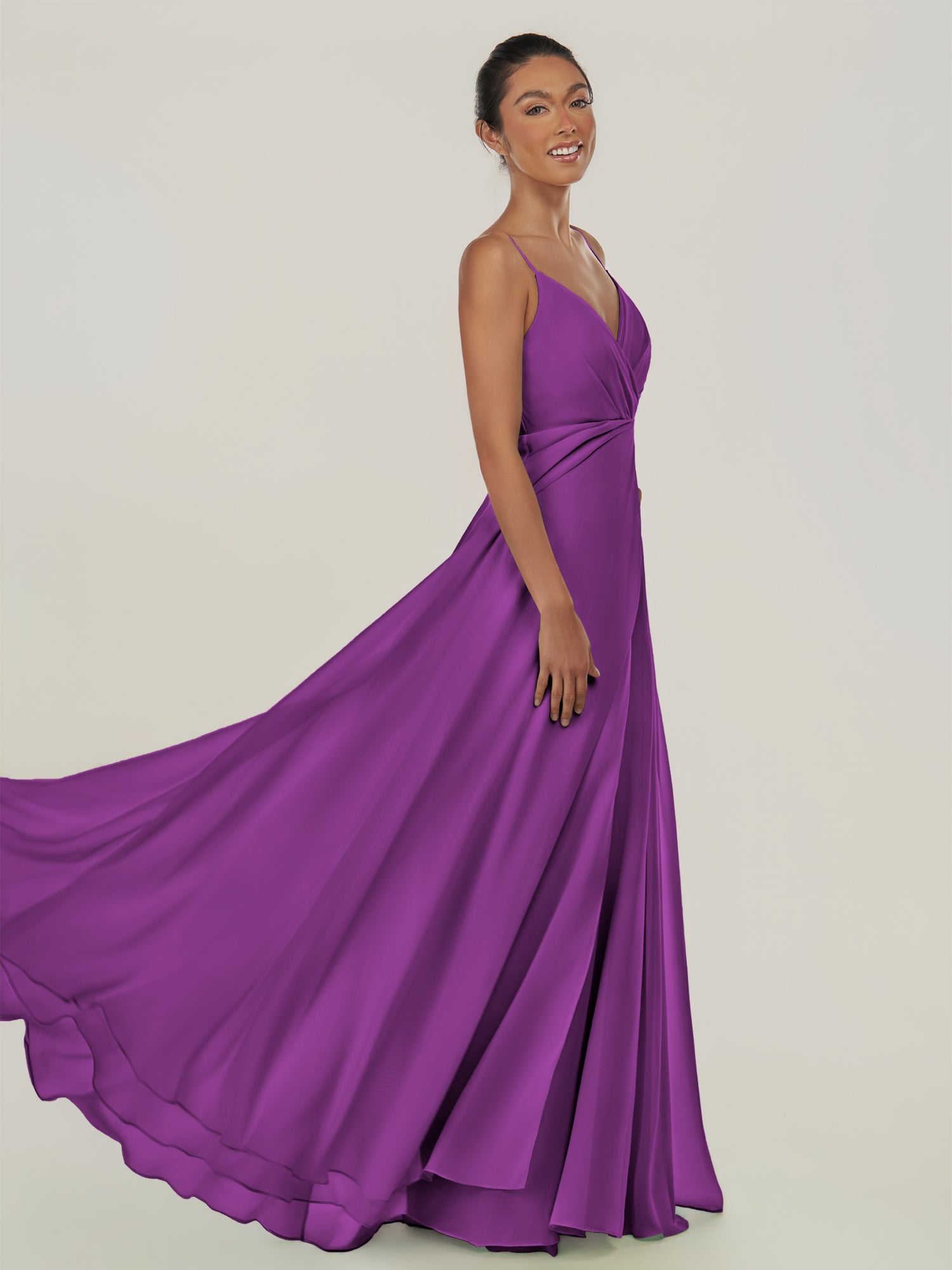 KissDress-Risa Amethyst A Line Chiffon V Neck Long Bridesmaid Dress with Pleats