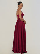 KissDress-Risa Berry A Line Chiffon V Neck Long Bridesmaid Dress with Pleats