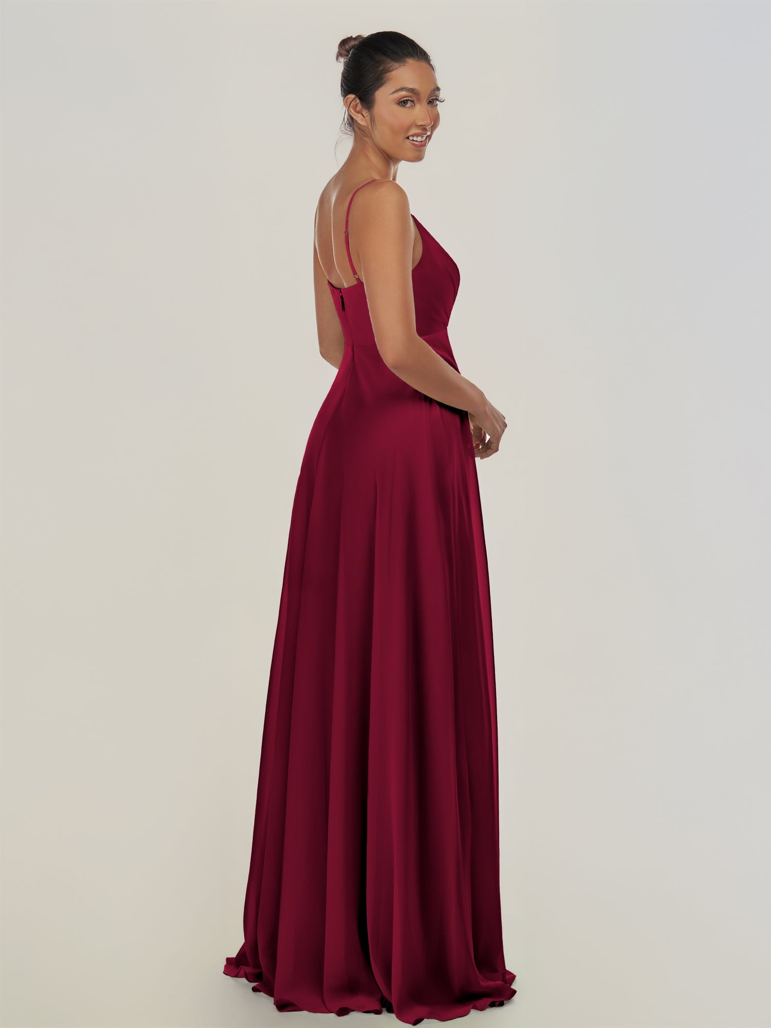 KissDress-Risa Berry A Line Chiffon V Neck Long Bridesmaid Dress with Pleats