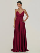 KissDress-Risa Berry A Line Chiffon V Neck Long Bridesmaid Dress with Pleats