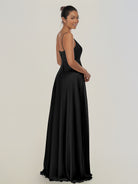 KissDress-Risa Black A Line Chiffon V Neck Long Bridesmaid Dress with Pleats