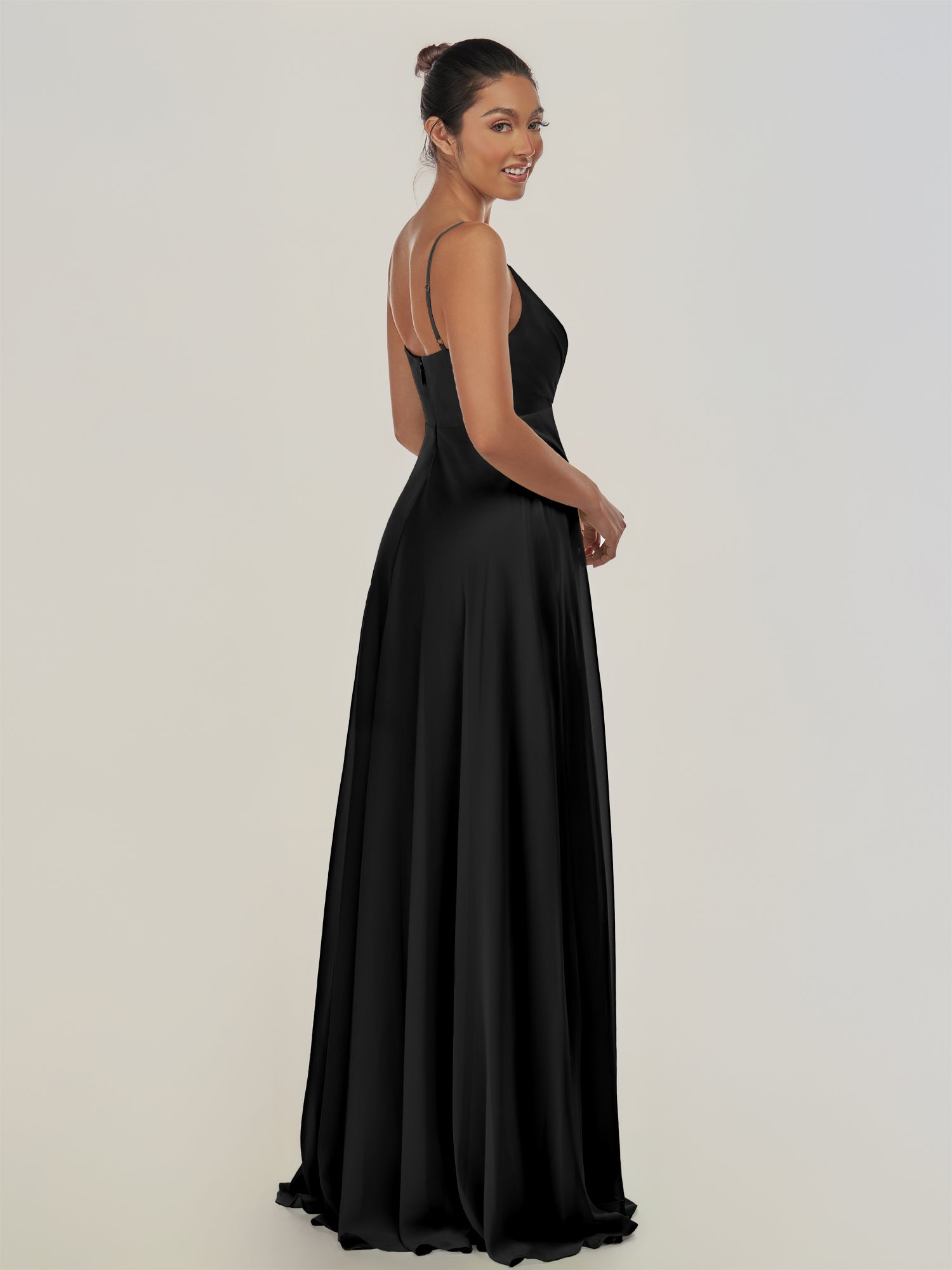 KissDress-Risa Black A Line Chiffon V Neck Long Bridesmaid Dress with Pleats