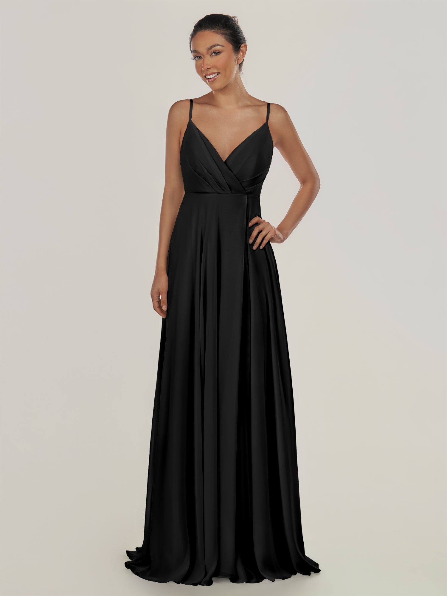 KissDress-Risa Black A Line Chiffon V Neck Long Bridesmaid Dress with Pleats