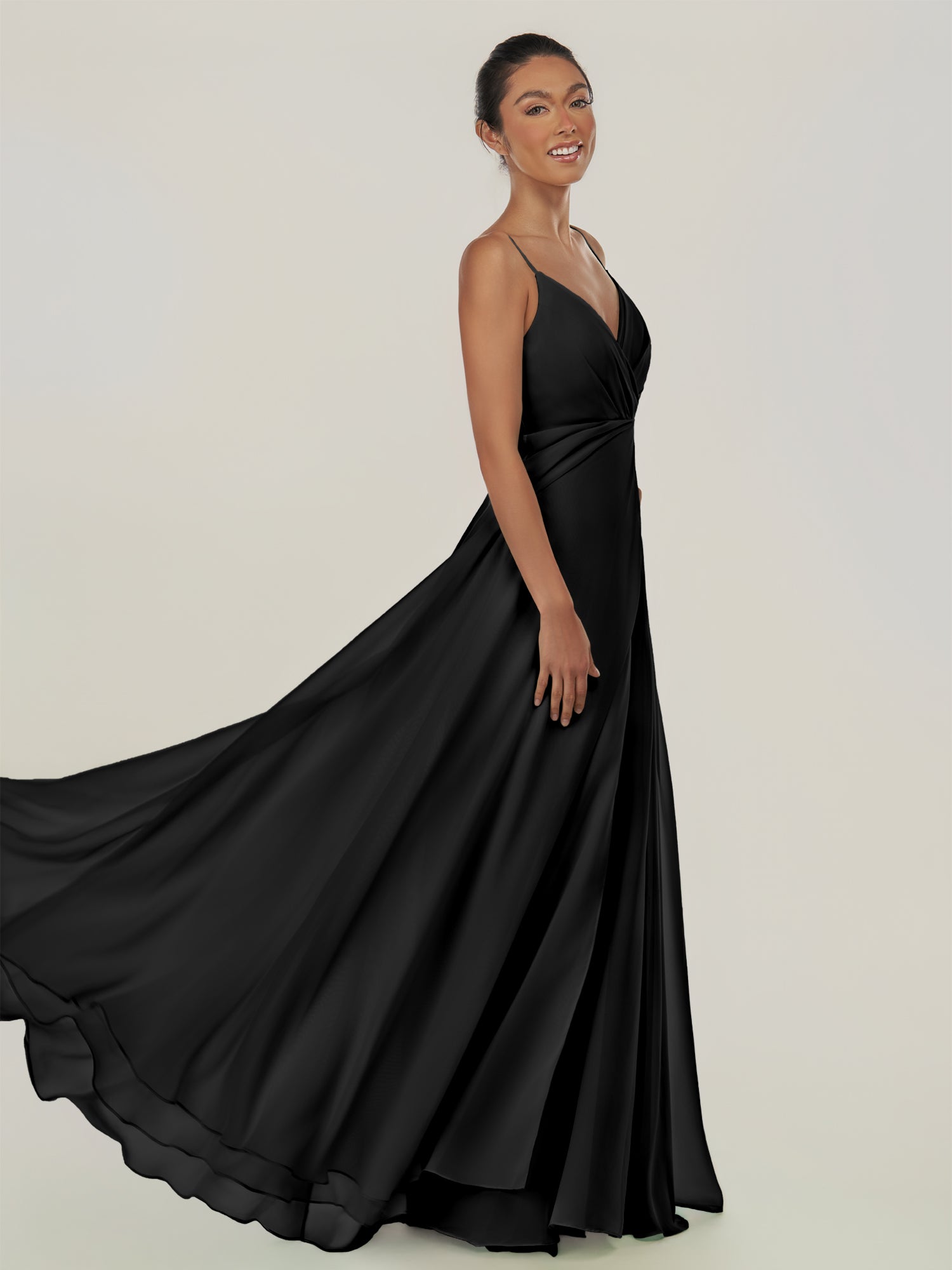 KissDress-Risa Black A Line Chiffon V Neck Long Bridesmaid Dress with Pleats