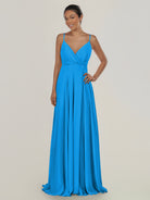 KissDress-Risa Blue Jay A Line Chiffon V Neck Long Bridesmaid Dress with Pleats