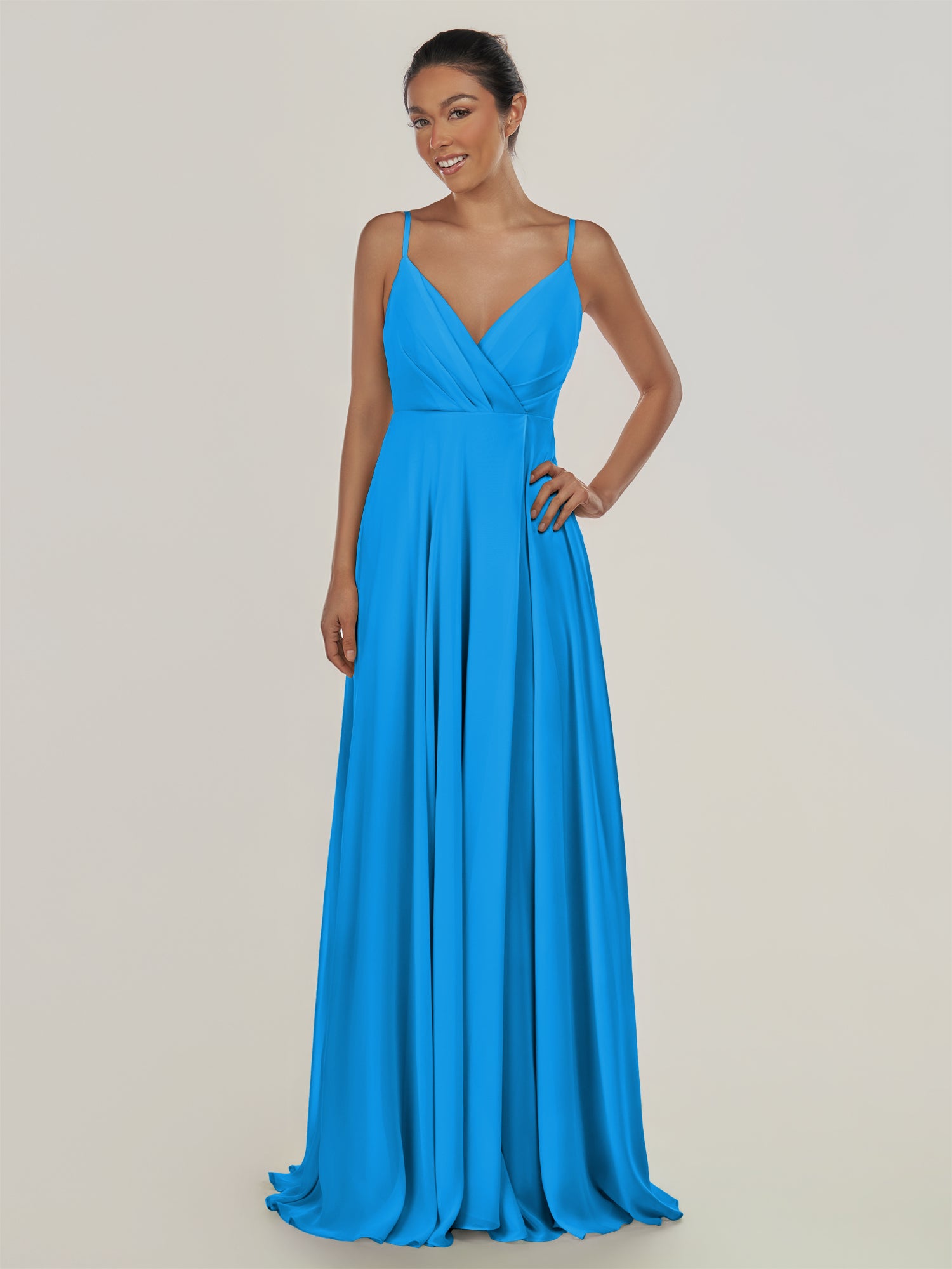 KissDress-Risa Blue Jay A Line Chiffon V Neck Long Bridesmaid Dress with Pleats