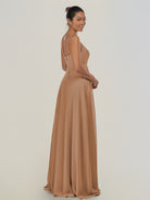 KissDress-Risa Bronzer A Line Chiffon V Neck Long Bridesmaid Dress with Pleats
