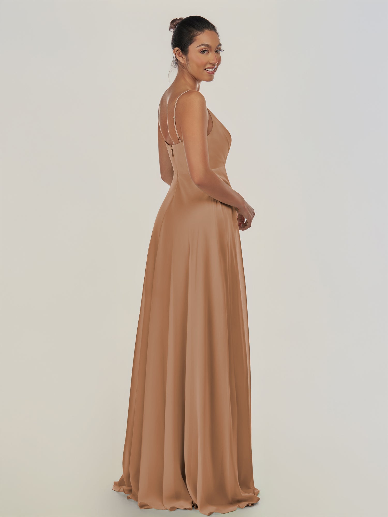 KissDress-Risa Bronzer A Line Chiffon V Neck Long Bridesmaid Dress with Pleats
