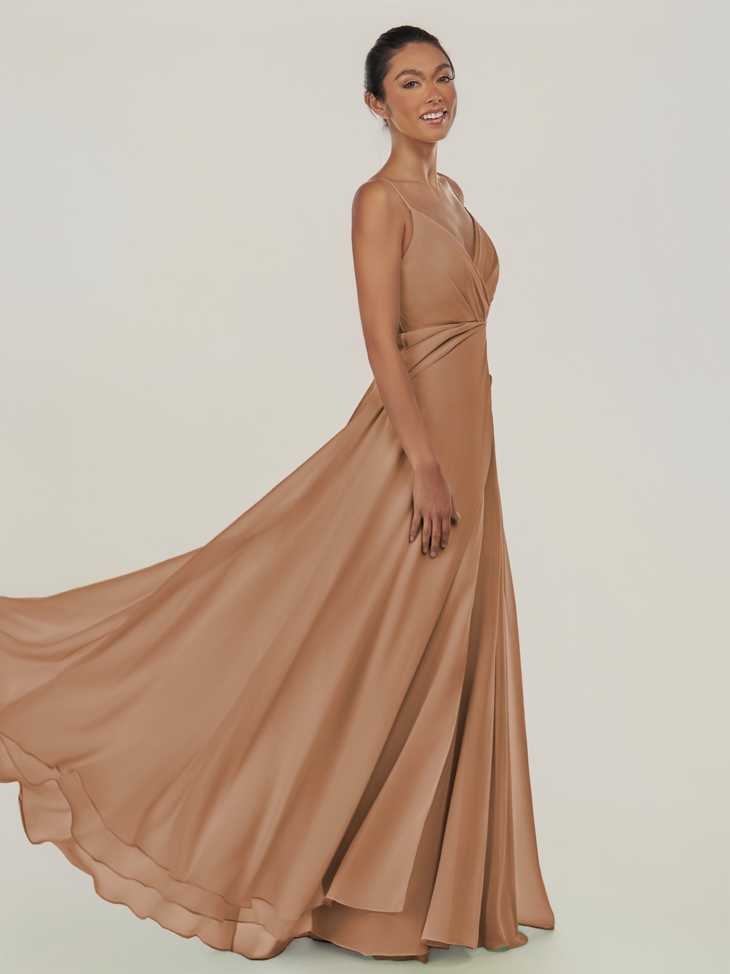 KissDress-Risa Bronzer A Line Chiffon V Neck Long Bridesmaid Dress with Pleats
