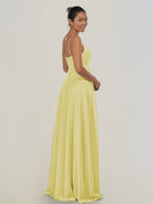 KissDress-Risa Buttercup A Line Chiffon V Neck Long Bridesmaid Dress with Pleats