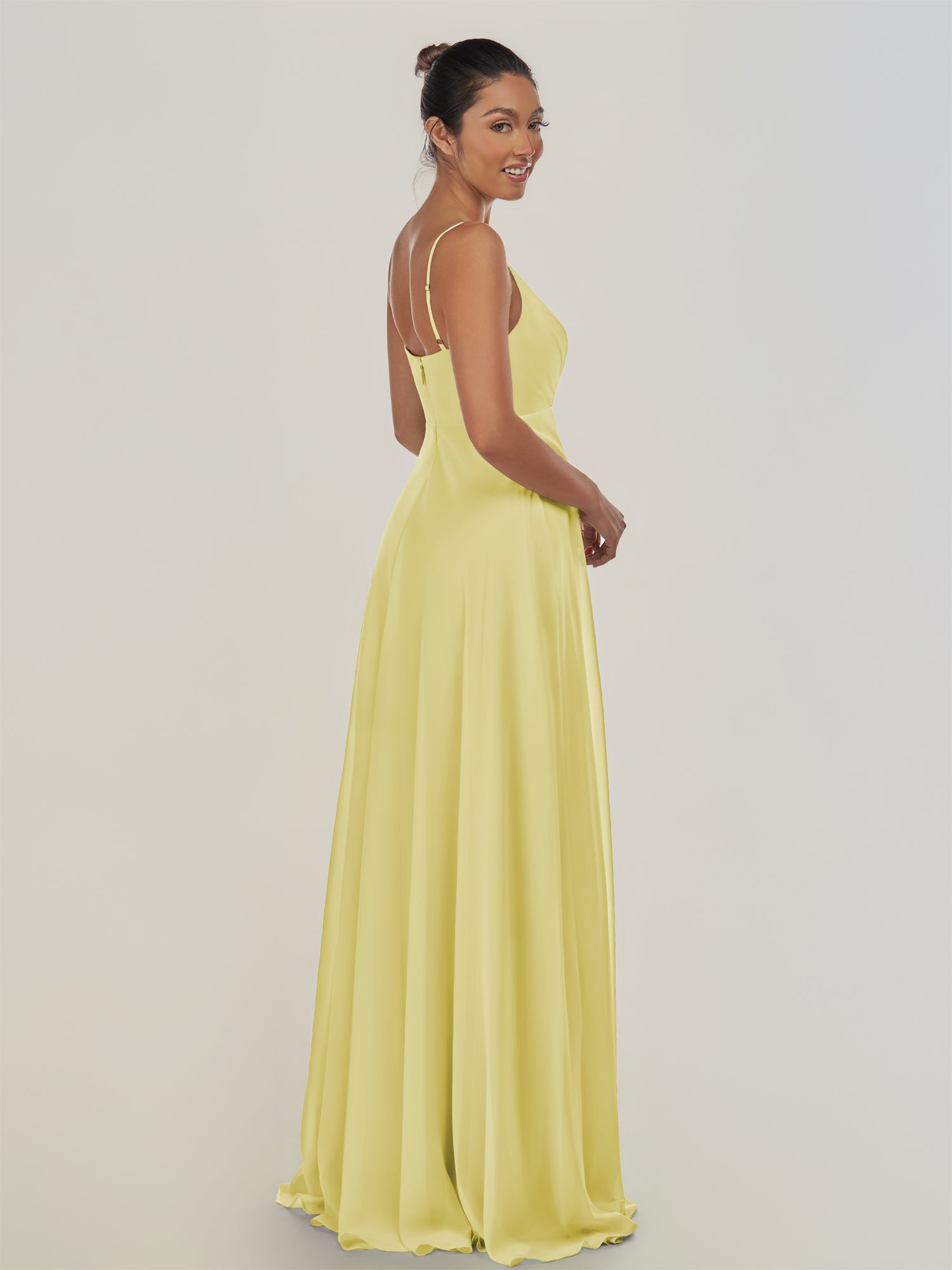 KissDress-Risa Buttercup A Line Chiffon V Neck Long Bridesmaid Dress with Pleats