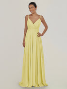 KissDress-Risa Buttercup A Line Chiffon V Neck Long Bridesmaid Dress with Pleats